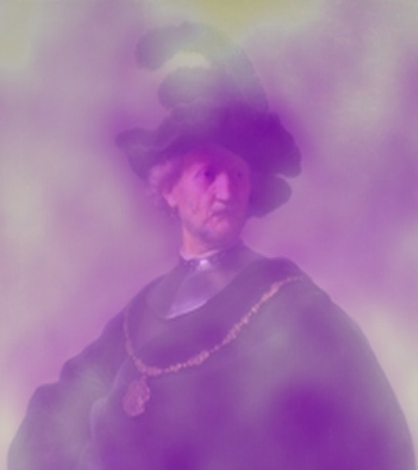 The whole painting under the Unified GradCAM heat map: purple toward Rembrandt, yellow against