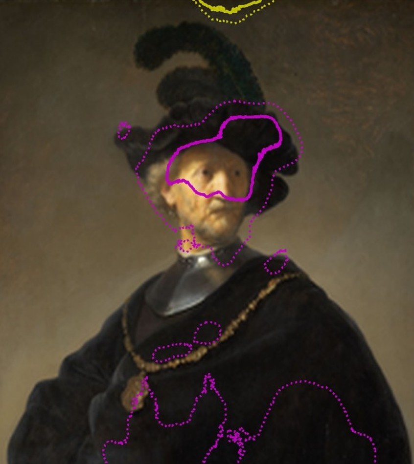 The same painting with the strongest regions outlined: a solid contour on the face, dotted contours on the hat, cloak and chain